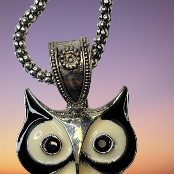 Owl Pendant enamel Black White Owl Necklace - Picture 3 of 10
